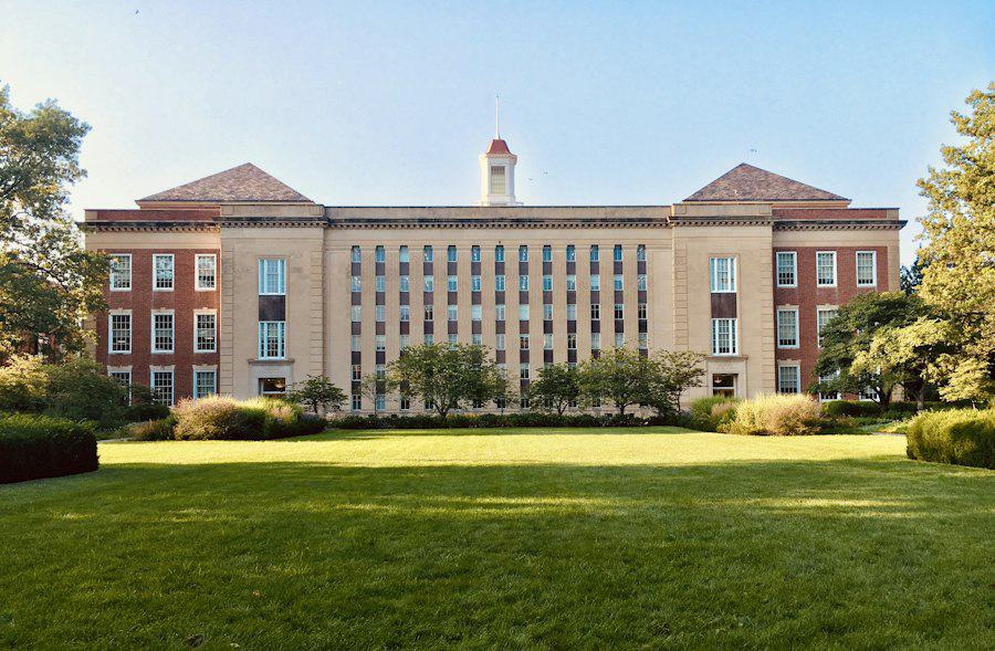 University campus building and lawn