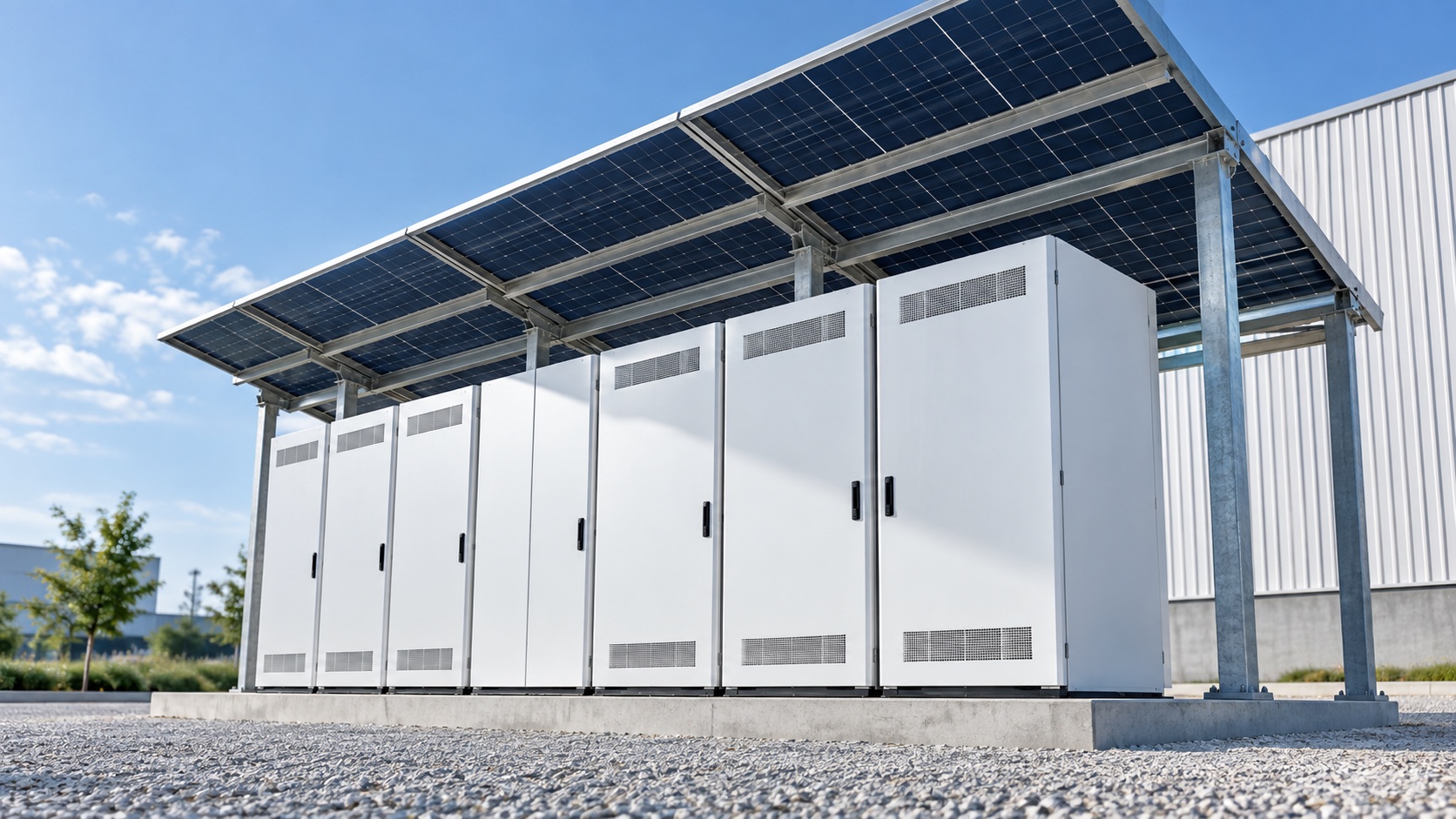 Concept visual of modular battery cabinets beneath a solar canopy